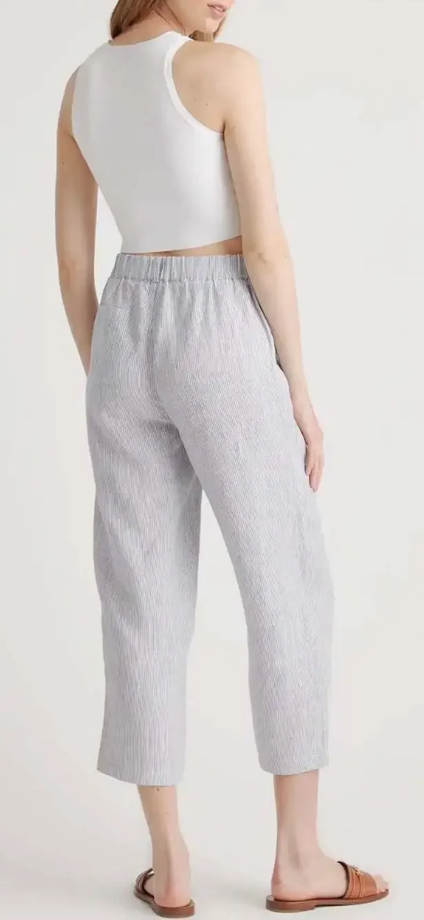 Quince European Linen Tapered Ankle Pants Blue Pinstripe Size Small Chic